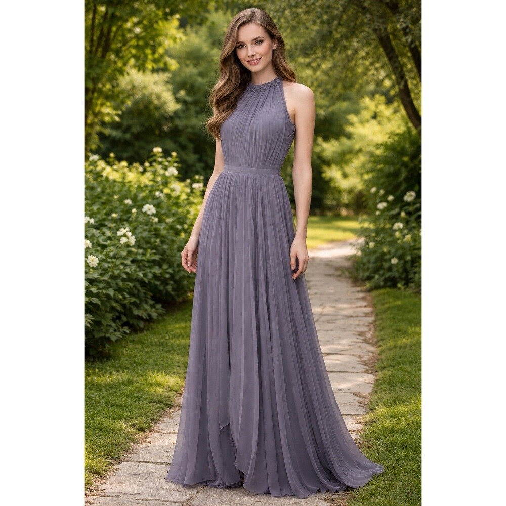 Grey Taupe Silk Pleated Formal Gown Dress Wedding Party Small Long Sz S